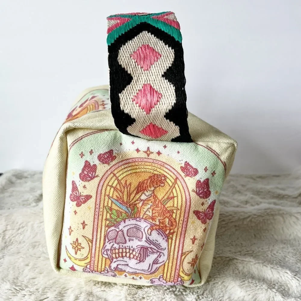Light Yellow Skull Moon Tiger and Butterflies Stitched Handel Cosmetics Bag